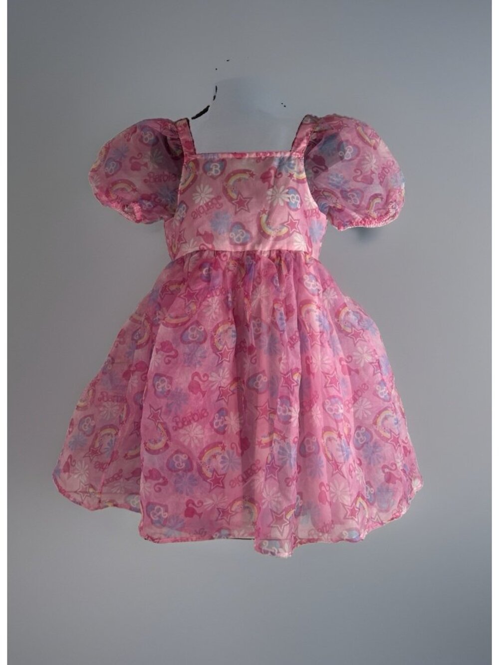 Barbie Girls Pink Sheer Lined Puff Sleeve Dress Size Large 10/12 Mattel 2024